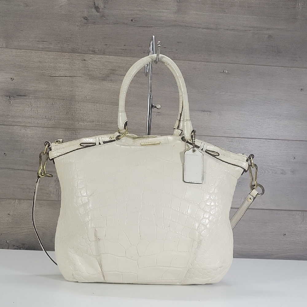 Coach Off-White Croc-Embossed Leather Top-Handle Satchel Crossbody Bag F23042